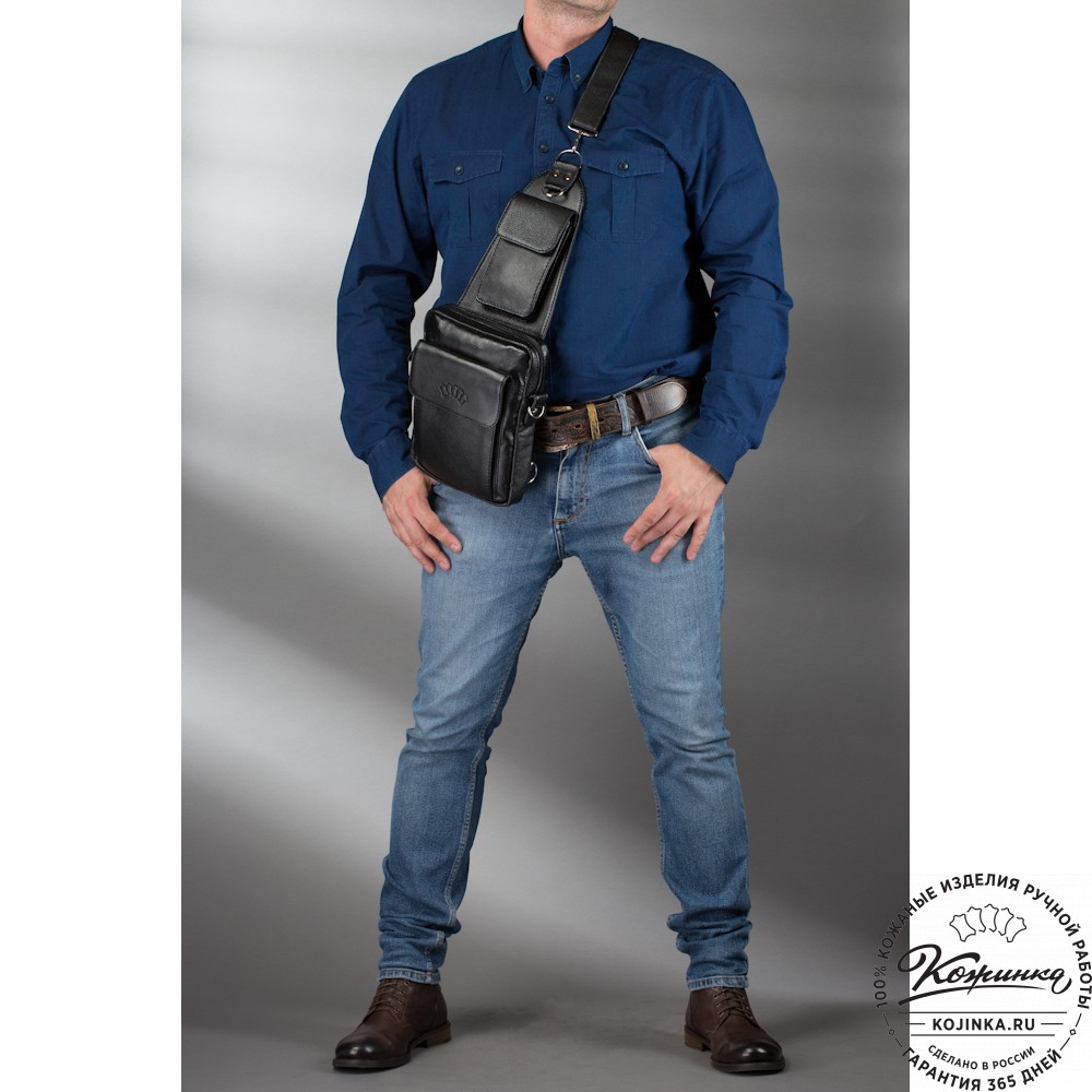 Кожаная нагрудная сумка "Стивен" (фактура чёрная)