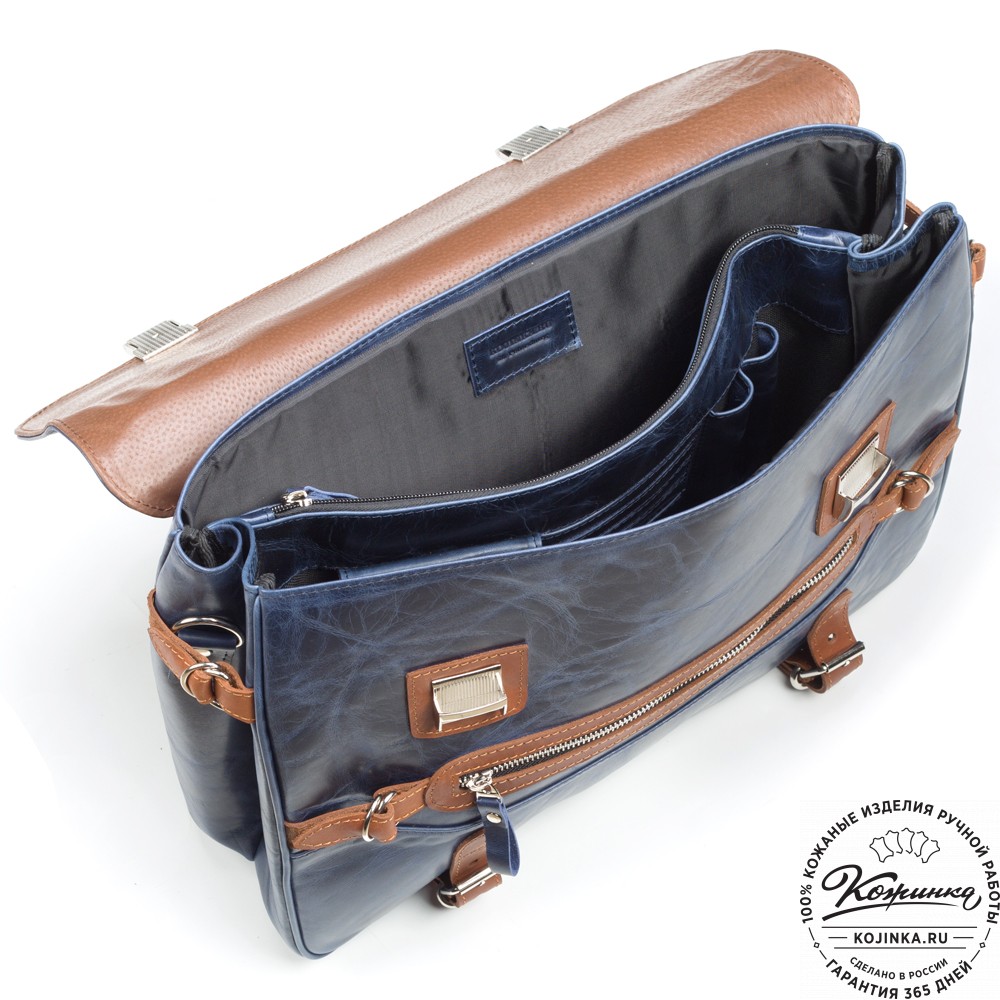 Кожаный портфель "Сталкер" (синий антик с рыжим)