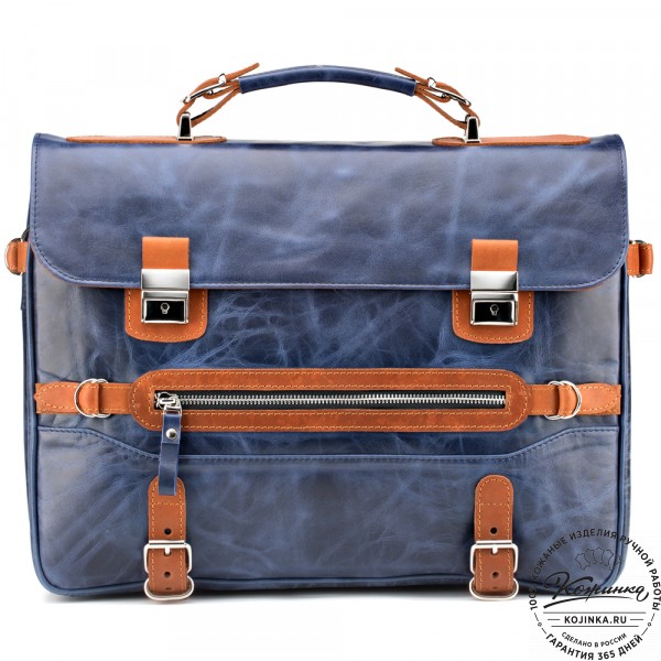 Кожаный портфель "Сталкер" (синий антик с рыжим). фото 1