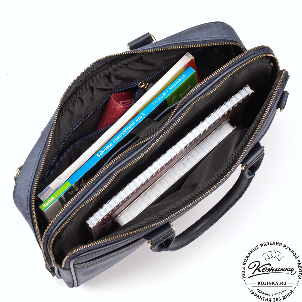 Деловая кожаная сумка "Рудольф" (синий крейзи фактура)