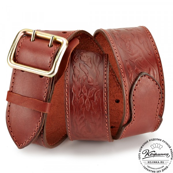Кожаный ремень "Гренадёр" тиснёный (коньяк). фото 1