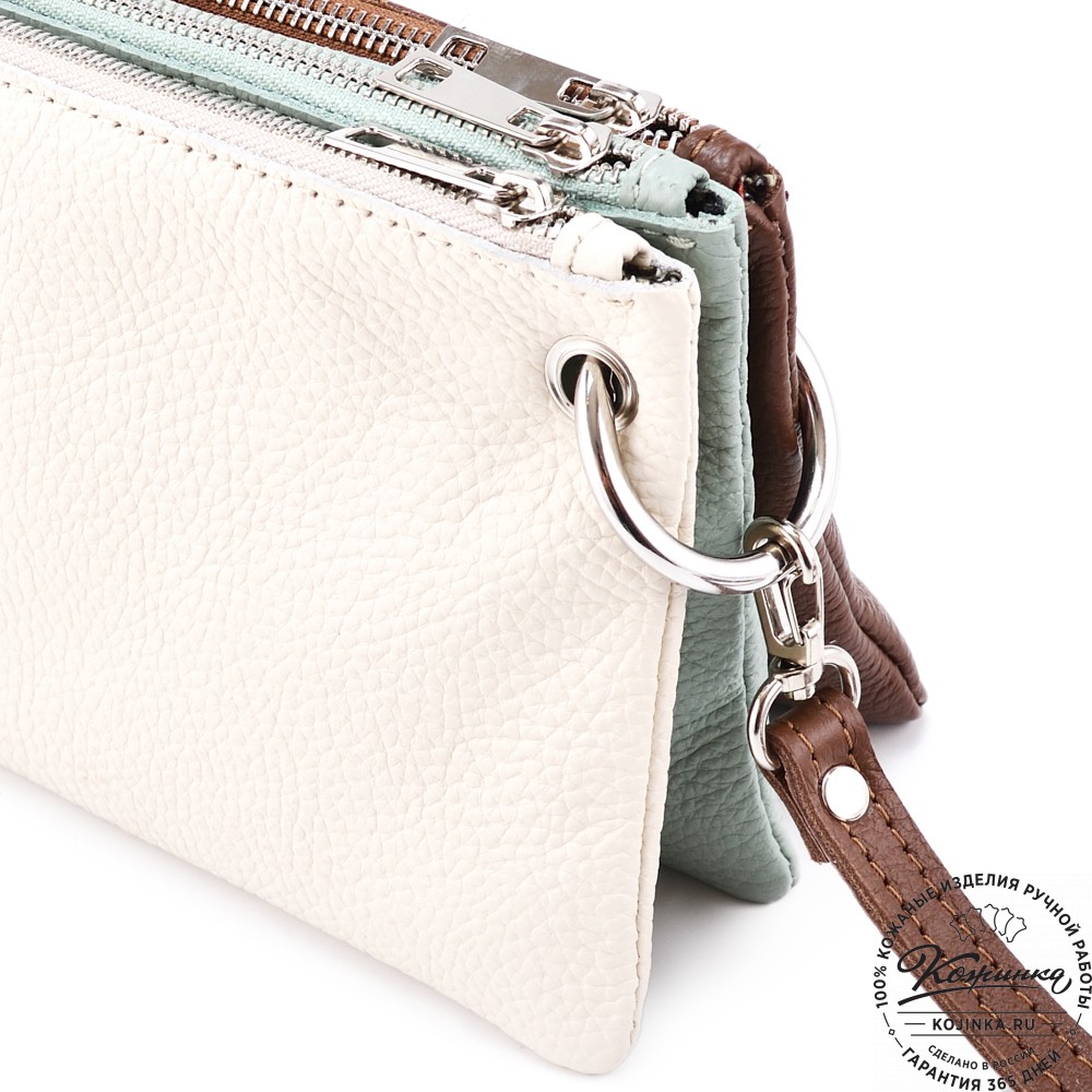 Женская кожаная сумка "Трио" (бежевый/мята/коричневый)