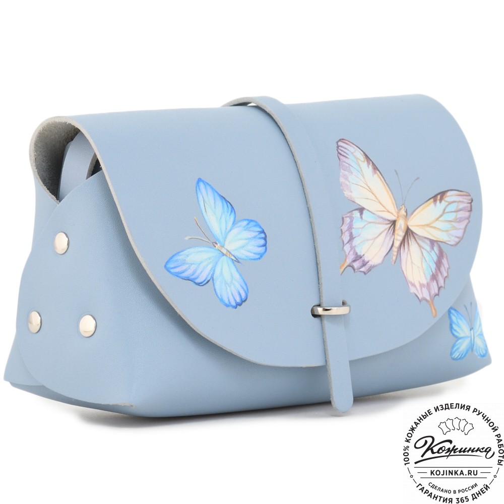  Женская кожаная сумка "Милла макси" "Бабочки" (голубая) 