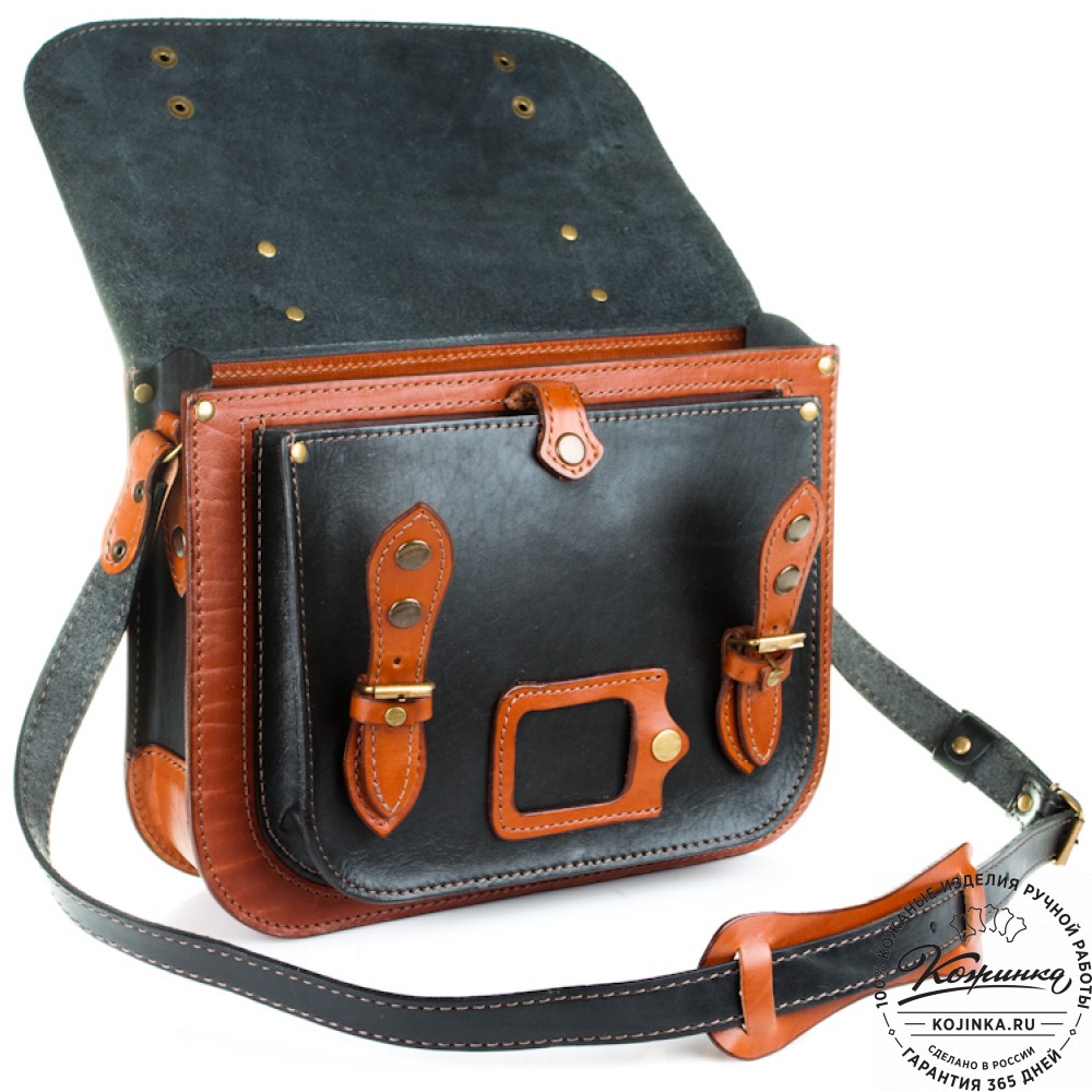 Кожаный портфель "Сатчел"  (чёрный с рыжим)